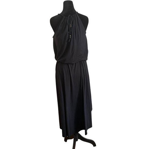 Athleta Santorini Thera Dress Black Size M Built-In Bra Halter Neck Midi - Picture 1 of 11